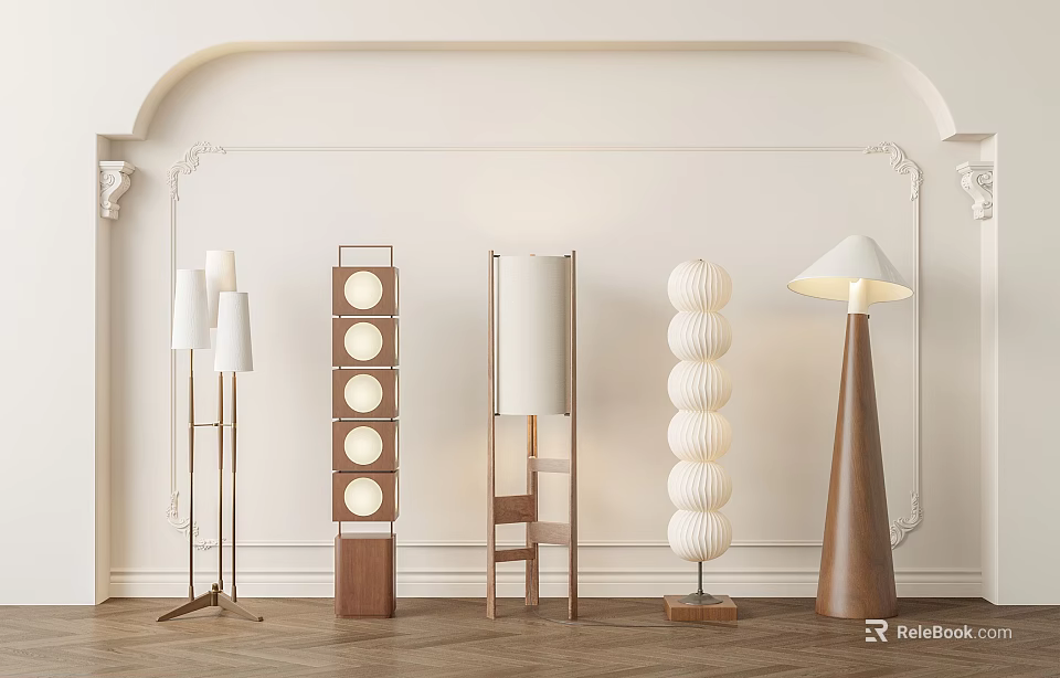Elegant Floor Lamps in Various Designs Against Decorative Wall and Wooden Floor 3d model 