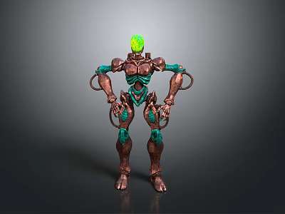 Mechanical Sci Fi Character 3D Model With Green Glowing Head Ring Shaped Copper Green Joints 3d model