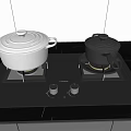 Kitchen Appliances Black Gas Stove With Two White And Black Pots Stacked Glass Cups
