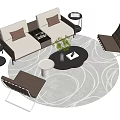 Modern Beige Brown Sofa with Round Black Coffee Table and Gray Patterned Rug Armchairs 3d model