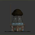 Detailed Windmill Model With Wooden Structure Black Roof Blue Walls And Red Door