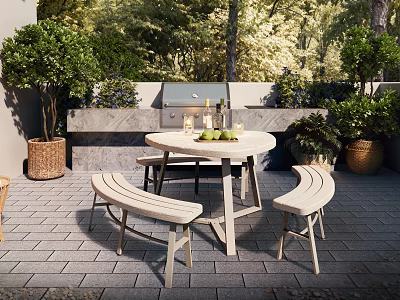 Outdoor Patio Table and Bench Set with Green Plants and Grill in Garden 3d model
