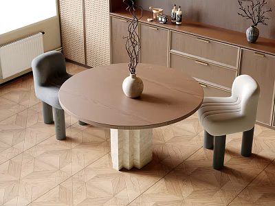 Modern Round Dining Table Set With Wooden Top White Pedestal And Two Gray Beige Chairs 3d model