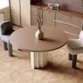 Modern Round Dining Table Set With Wooden Top White Pedestal And Two Gray Beige Chairs