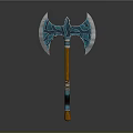 Ornate Battle Axe With Blue Green Patterns Silver Blades And Wooden Handle With Colorful Stripes