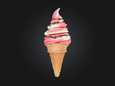 Pink And White Swirl Ice Cream In Waffle Cone With Chocolate Sprinkles 3d model