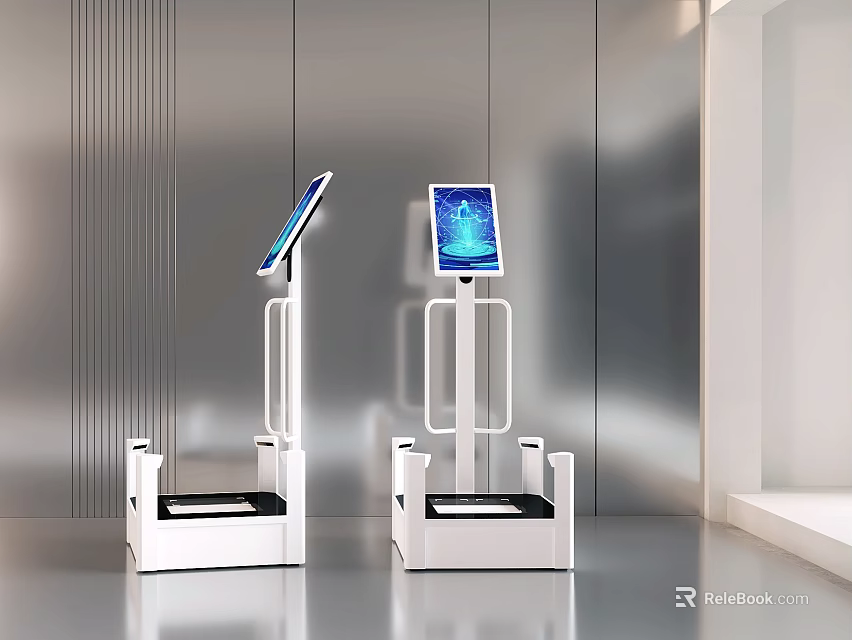 Modern Space With Standing Smart Machines Featuring Digital Screens and Sleek Design 3d model