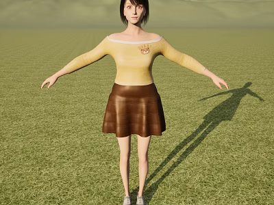 Woman Standing On Green Grass Wearing Yellow Top And Brown Skirt With Arms Outstretched 3d model
