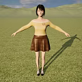 Woman Standing On Green Grass Wearing Yellow Top And Brown Skirt With Arms Outstretched