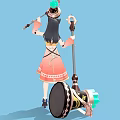 Standing Woman in Orange White Traditional Dress Holding Staff and Katana on Blue Background