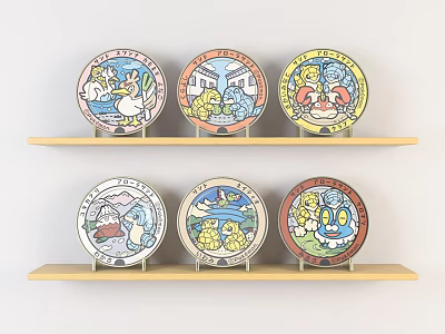 Set Of Colorful Decorative Plates With Cartoon Characters On Wooden Shelves 3d model