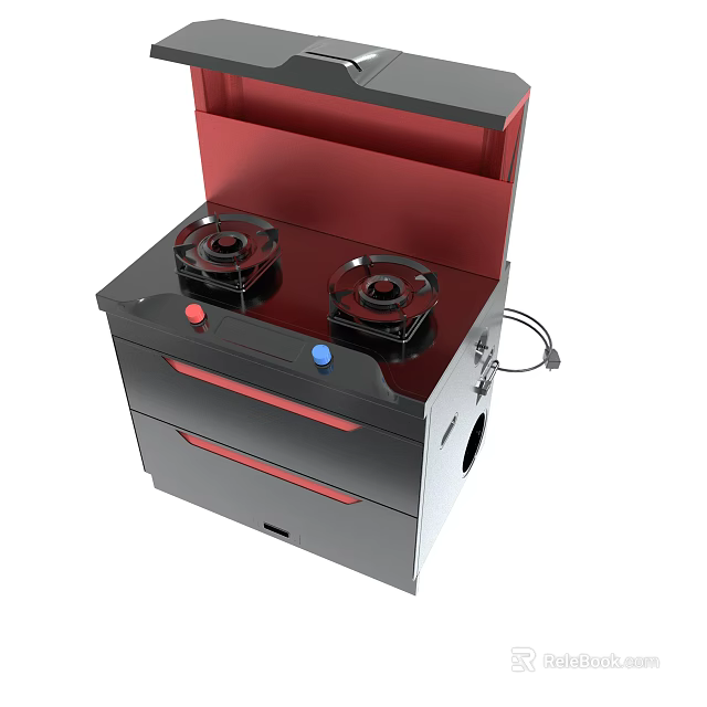 Modern Black Red Double Burner Gas Stove With Control Knobs And Storage Compartment Design 3d model
