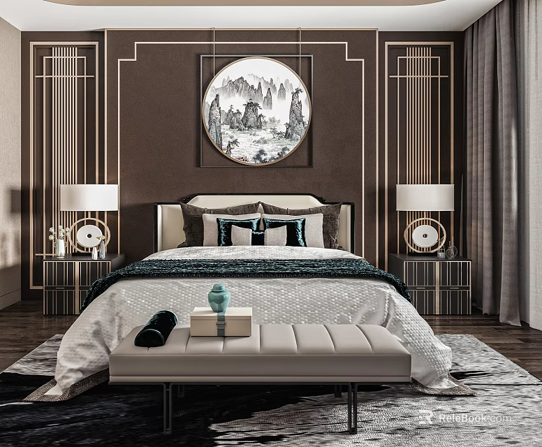 Background Double Bed with Dark Walls Gold Accented Paneling Circular Landscape Painting and Bedside Lamps 3d model 