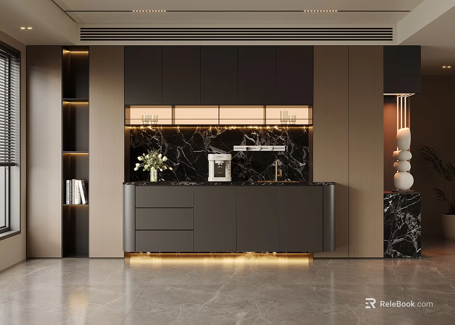 Modern Sideboard Design With Dark Cabinets Marble Countertop Coffee Machine And Decorative Vase 3d model 