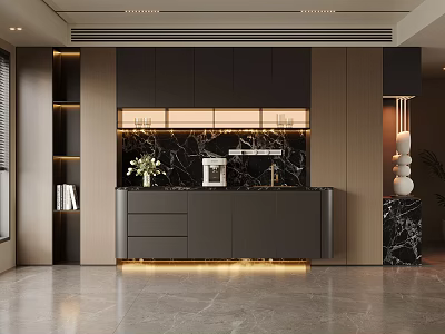 Modern Sideboard Design With Dark Cabinets Marble Countertop Coffee Machine And Decorative Vase 3d model