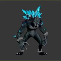 3D Fantasy Creature Character In Aggressive Stance With Blue Crystal Spikes And Mechanical Sharp Claws