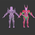 Silver Armored Mythical Figure and Red Green Horned Character with Detailed Features