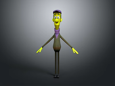 Yellow Cartoon Character With Purple Hat Tie Brown Coat Black Pants Shoes Arms Outstretched 3d model