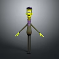 Yellow Cartoon Character With Purple Hat Tie Brown Coat Black Pants Shoes Arms Outstretched