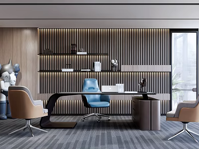 Modern Office Desk With Wooden Striped Backdrop Shelves Decorations Blue Chair Beige Chairs And Window 3d model