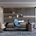 Modern Office Desk With Wooden Striped Backdrop Shelves Decorations Blue Chair Beige Chairs And Window