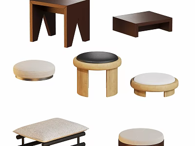 Various Stylish Stools With Wooden Frames And Upholstered Seats In Square Round Shapes 3d model