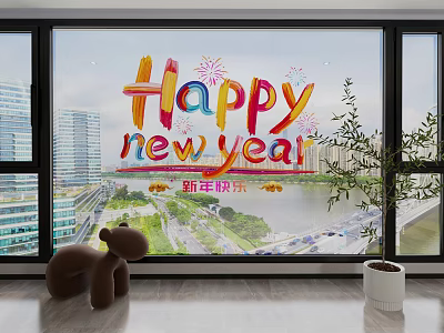 Festive Happy New Year Wall Decor With Colorful Fireworks And City Window View 3d model