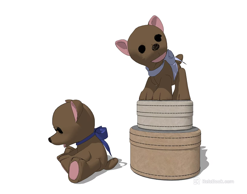 Brown Plush Toys with Pink Ears and Blue Ribbons Sitting and Standing on Cylindrical Containers 3d model 