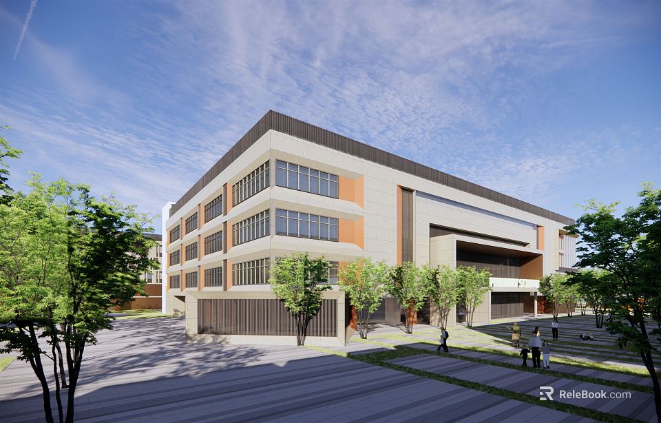 Modern Multi Story School Building With Large Glass Windows Green Trees And Pedestrians On Campus 3d model 