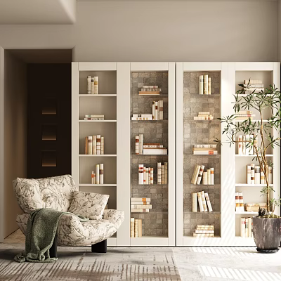 Stylish Modern Bookcase Interior With Books Decorative Items Comfortable Chair And Green Plant 3d model