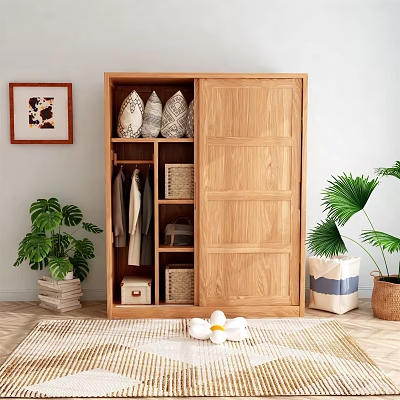 Wooden Sliding Door Wardrobe With Hanging Clothes Storage Baskets Indoor Green Plants And Decorative Painting 3d model