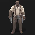 A Man In Beige Shirt And Suspenders Holding Two Revolvers Standing In Adventurous Pose