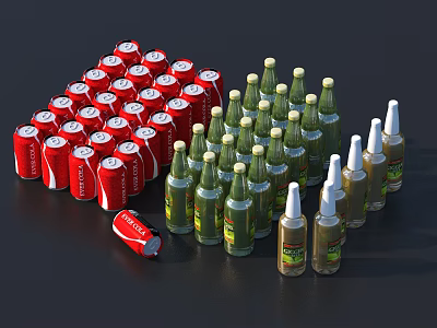 Assorted Beverages Collection Featuring Red Cans Green Glass Bottles And Gold Bottles 3d model