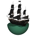 Decorative Ornament Set Black Sailboat Model With Black Sails On Green Wave Base