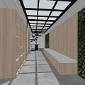 Modern Office Corridor With Wooden Shelves Glass Ceiling Panels And Office Desks Chairs