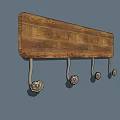 Rustic Wooden Wall Mounted Hook Rack With Metal Hooks For Hanging Items 3d model