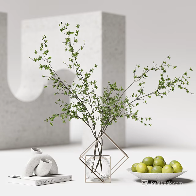 Stylish Decorative Ornament Set With Geometric Transparent Vase Green Branches White Ceramic Pieces And Limes 3d model 