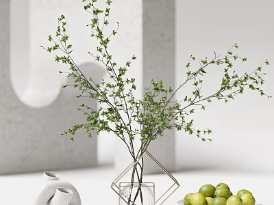 Stylish Decorative Ornament Set With Geometric Transparent Vase Green Branches White Ceramic Pieces And Limes 3d model