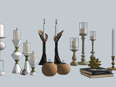 Various Candle Holders In Tall And Short Designs With Modern Classic Styles And Decorative Books 3d model