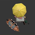 Outdoor Dining Space With Yellow Umbrella Street Lamp Small Boat And Checkered Tablecloth