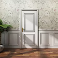 Elegant White Swing Door With Floral Wallpaper Green Plant And Wooden Floor