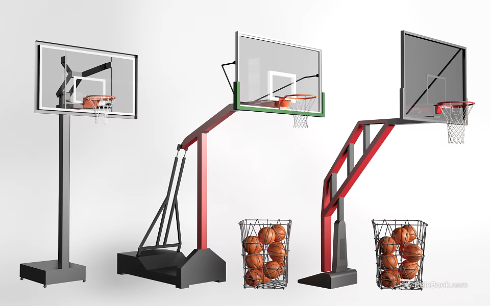 Basketball Gym Equipped With Multiple Basketball Hoops And Ball Baskets Filled With Balls 3d model 