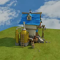 Cartoon Scene with Quirky House Blue Roof Yellow Barrel Wooden Barrels Ladder Lantern Green Grass