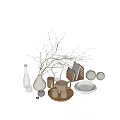 Minimalist Decorative Ornament Combination Including Dried Branches Vase Ceramic Jars And Wooden Plates