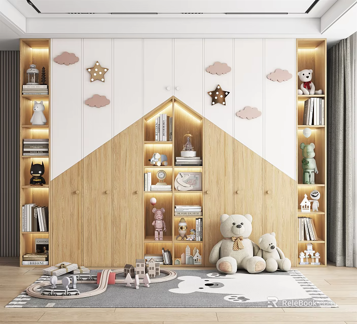 Wooden Kids Room Bookcase With Cloud Star Decor Toys And Books 3d model 