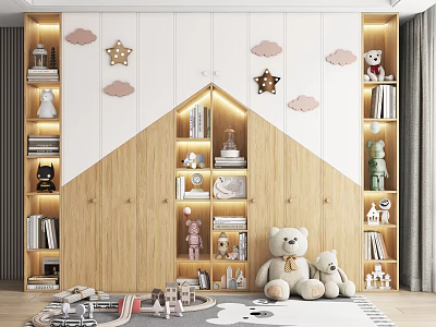Wooden Kids Room Bookcase With Cloud Star Decor Toys And Books 3d model