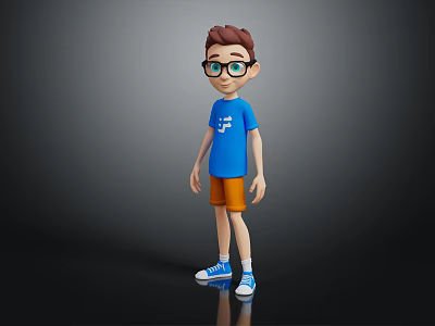 3D Boy Character Wearing Glasses Blue T-Shirt And Orange Shorts On Dark Background 3d model