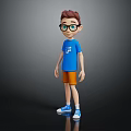 3D Boy Character Wearing Glasses Blue T-Shirt And Orange Shorts On Dark Background