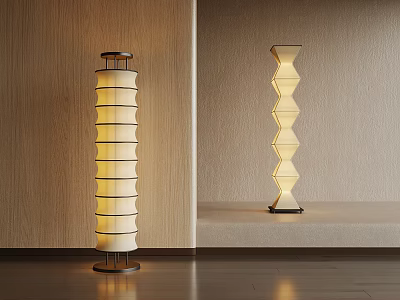 Modern Spiral Layered and Hexagonal Wavy Floor Lamps Against Wooden and Beige Walls 3d model