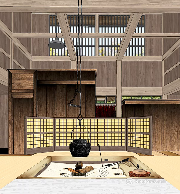 Traditional Japanese Tea Set in Wooden Interior with Lattice Windows and Hanging Teapot 3d model 